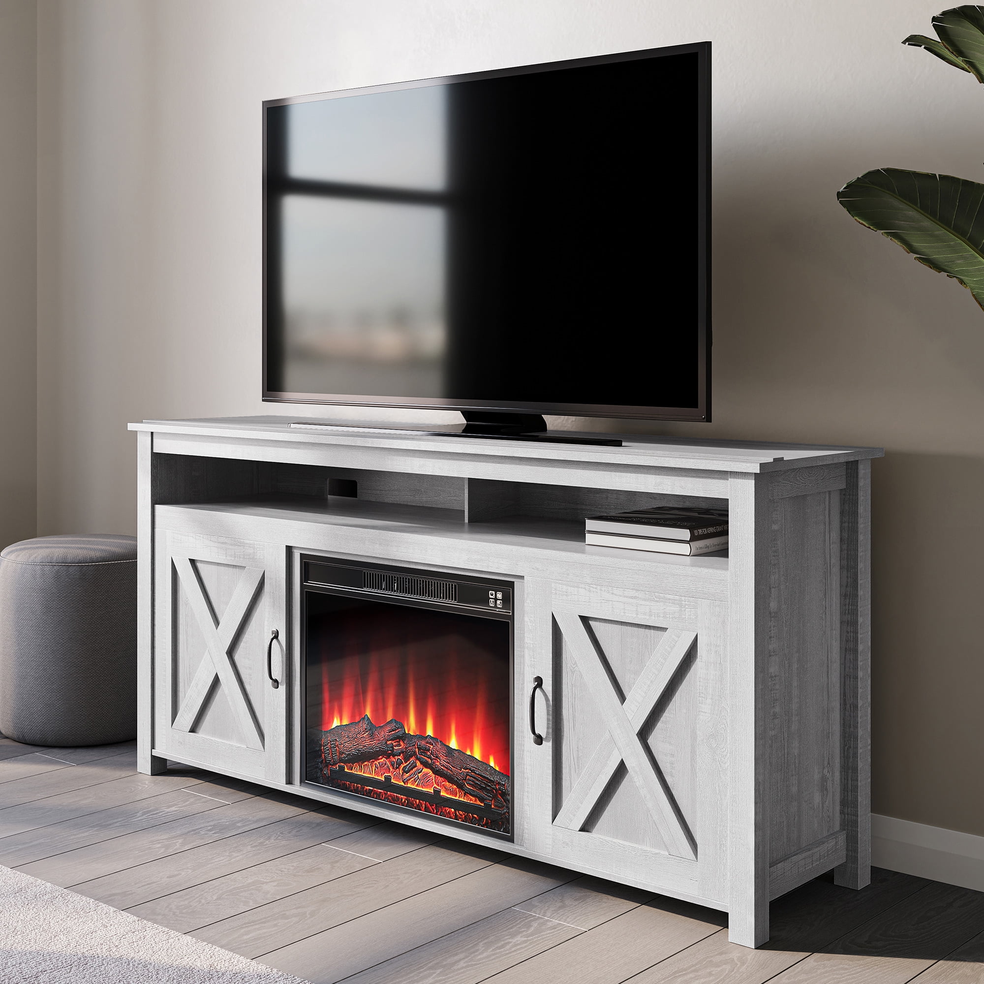 BELLEZE Barn Door Wood Electric Fireplace TV Stand for TVs up to 65 Inches Open Shelves and Cabinets Media Entertainment Center Console Table - Corin (Stone Grey) - Walmart.com