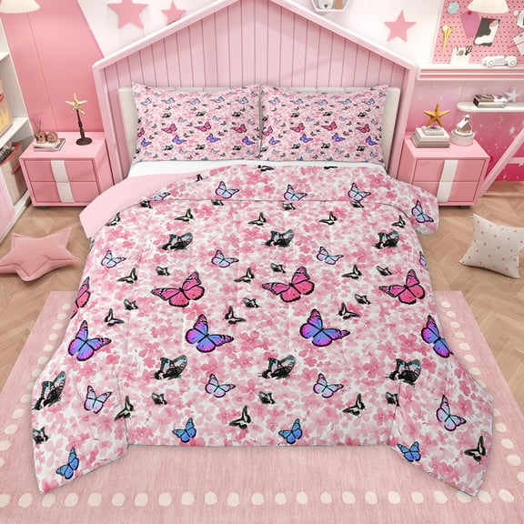 Homewish Multicolor Butterfly Bedding Comforter Set,Cartoon Flower Floral Twin Comforter Sets,Pink Purple Black Bedding Set For Girls Teens,Super Cozy Room Decor Reversible,2 Pieces