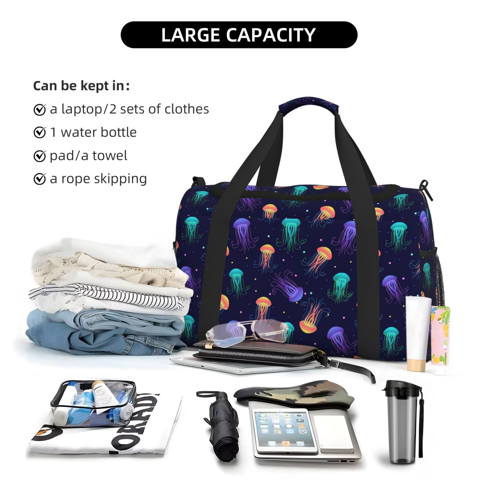 Fuzoiu Sea Jellyfish Print Travel Duffle Bag,Carry On Tote Bags,Duffel Bag,Sport Gym Bag, Hospital Bag for Labor and Delivery, Overnight Bag,Luggage Bag
