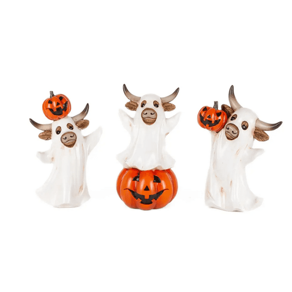 Gerson Halloween Decor - Ghost with Pumpkin Highland Cow Figurines 3pc
