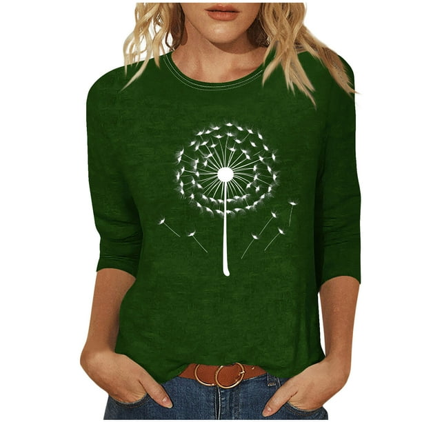Tops de Cuello Redondo para las Mujeres Moda Impresa 3/4 Mangas Blusa Casual Top, Estante de Imitación