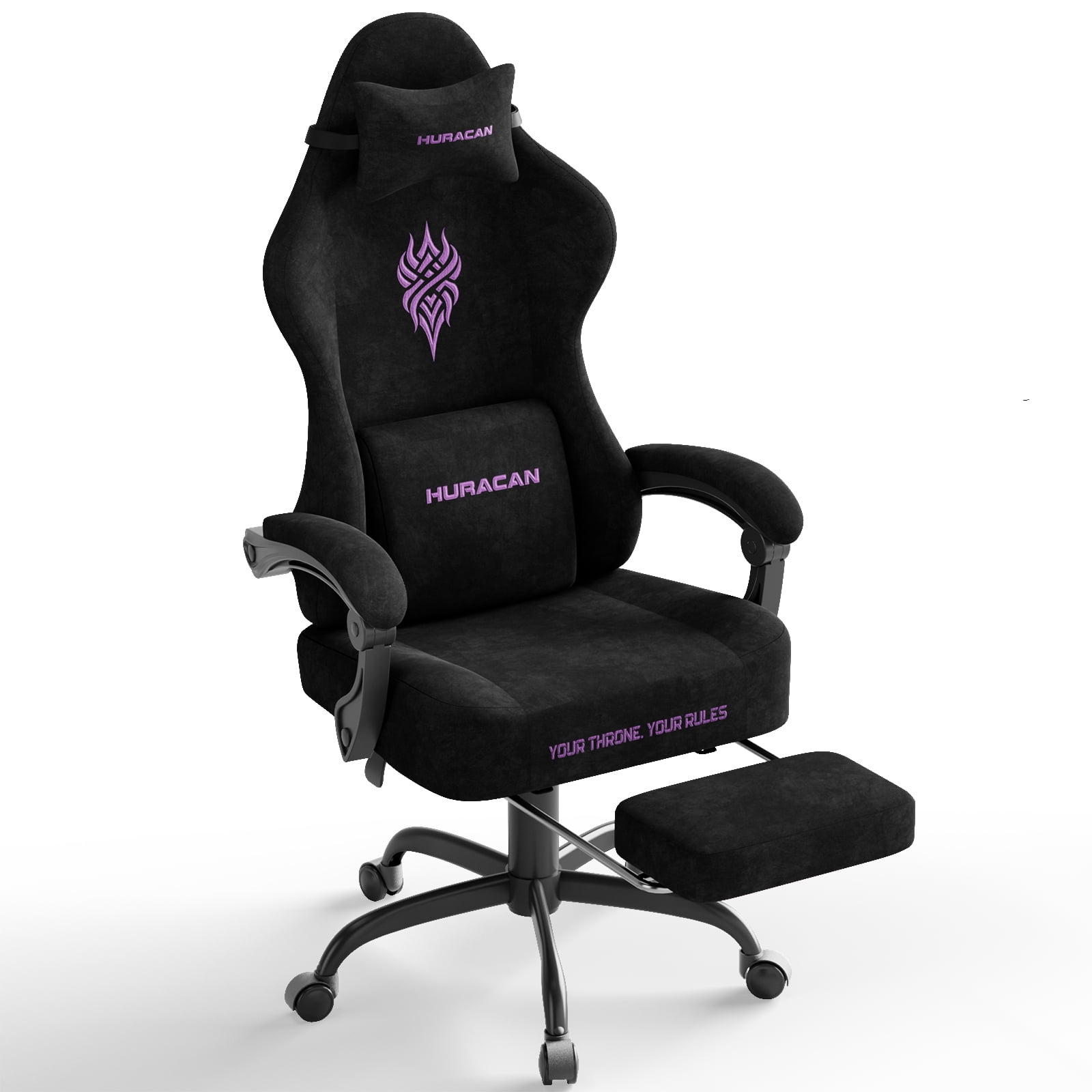 SOONTRANS Black Gaming Chair for Adult, Velvet Fabric Ergonomic Comfortable Video Gamer Chair with Footrest, Reclining Office Computer Desk Game Chairs with Massage Lumbar Cushion, Headrest