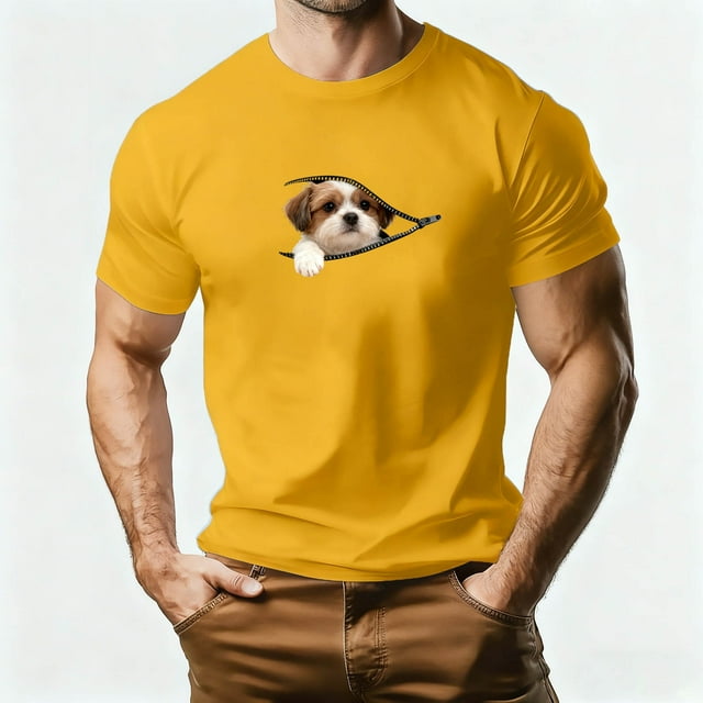T-shirt de Base pour Homme Kaluayu Été, Imprimé Graphique Animal Chiot, Col Rond, Manches Courtes, Coupe Ample