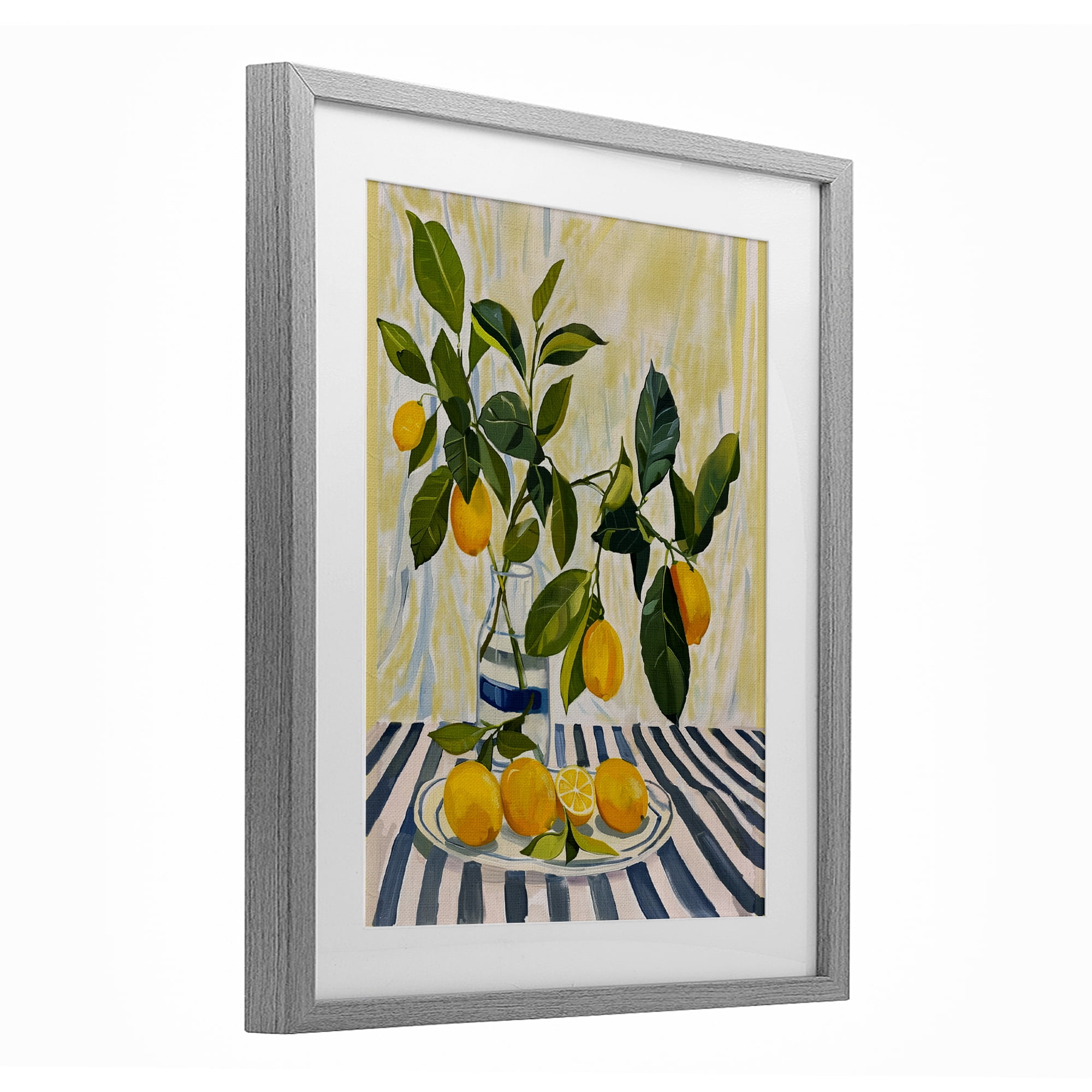 Stupell Industries Lemons on Striped Tablecloth Gray Framed Print Under Glass, design by Yen