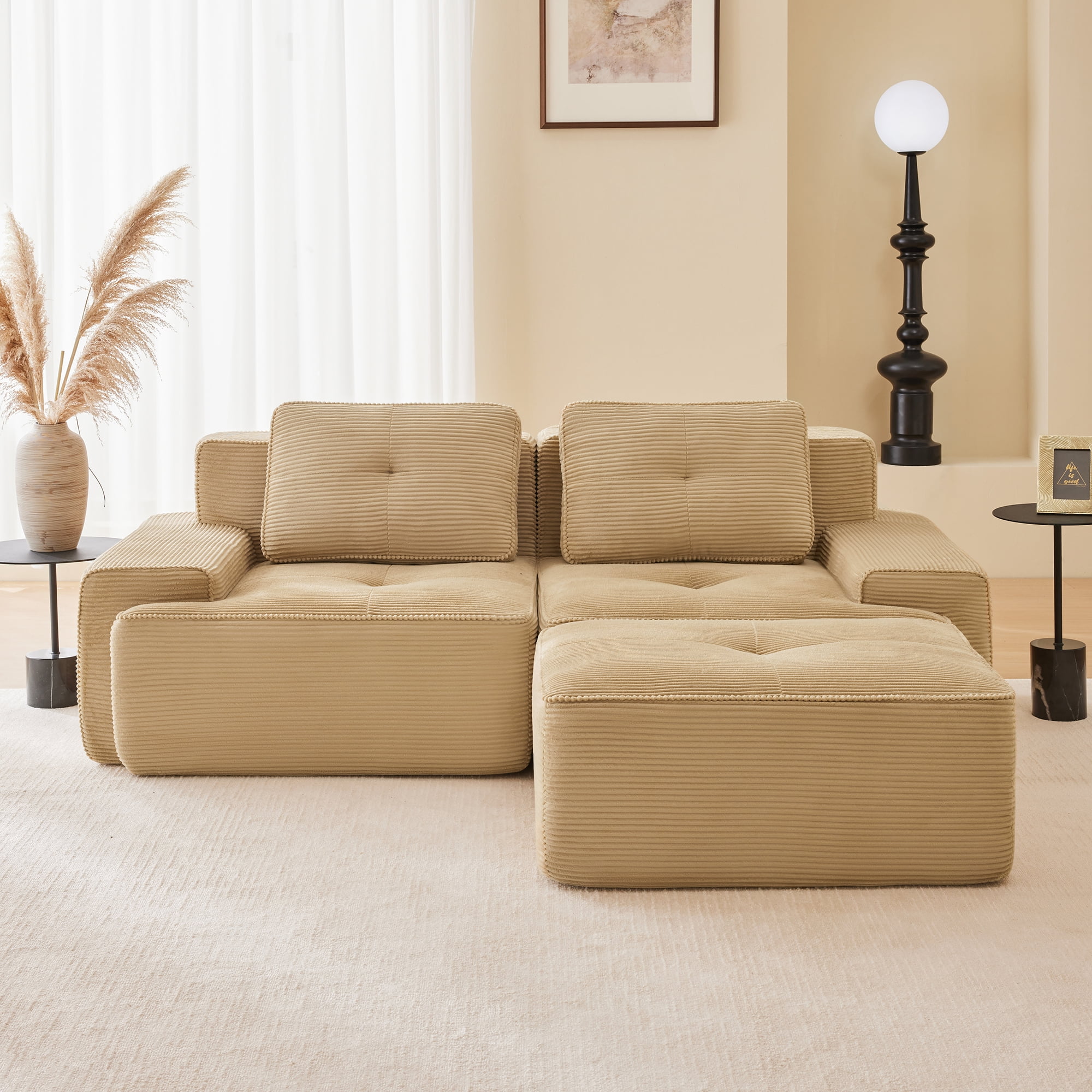 Yoneston 82" L-Shaped Modular Sectional Sofa 2 Seater Couch with Cushions and Ottoman, No Assembly Corduroy Loveseat Sofa for Living Room Bedroom Apartment, Camel