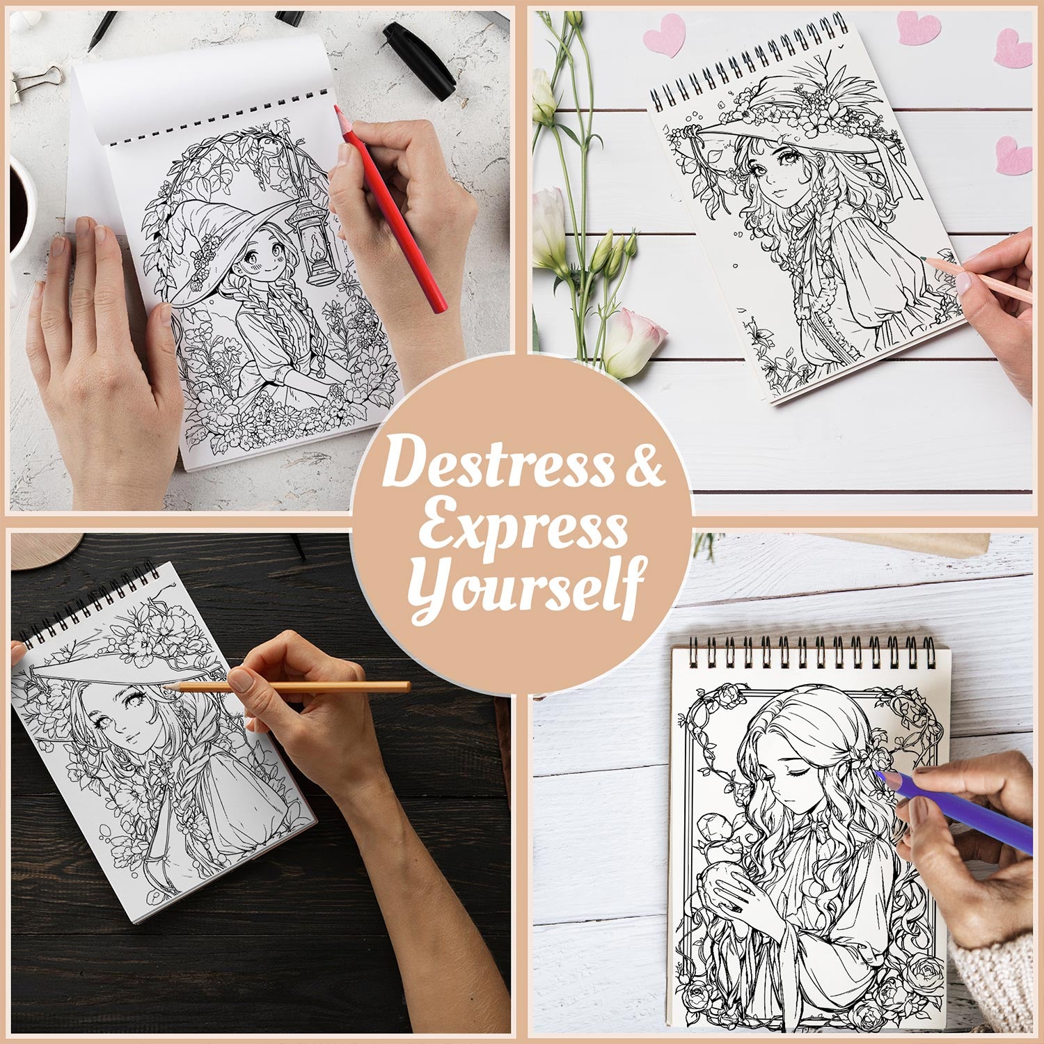 Netecom Witches Coloring Book Spiral Bound for Adults, A5 Wooden Cover, 30 Stunning Coloring Pages of Magical World to Explore Mysteries of Witchcraft for Stress Relief and Relaxation