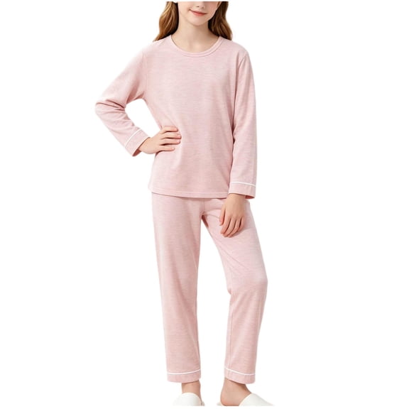 xaoyunyn Girls 2 Piece Basic Homewear Outfits Casual Solid Color Round Neck Long Sleeve Top and Pant Set 7-15 Years