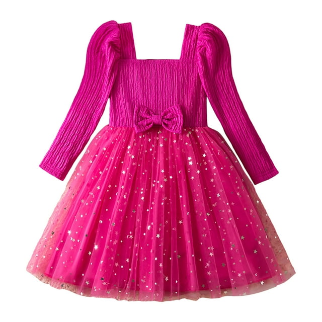 Splozh Robe en Tulle pour Tout-Petites Filles Robe à Manches Longues pour Filles Confortable en Maille Douce à la Mode Princess Dress Rose Vif, 6-7 Ans