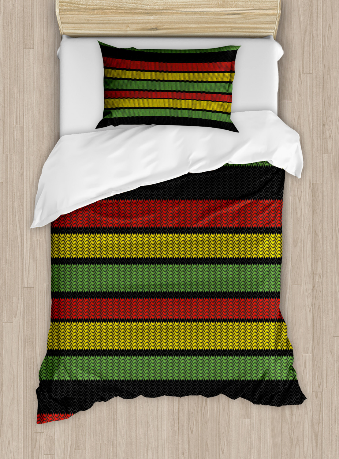 Jamaican Duvet Cover Set, Knitted Effect Rastafarian Stripes Abstract
