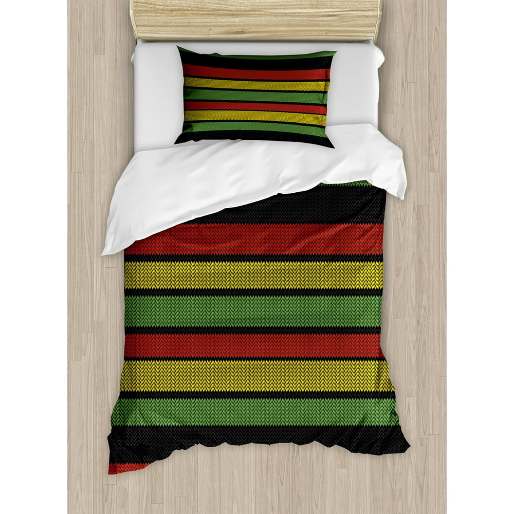 Jamaican Duvet Cover Set Twin Size, Knitted Effect Rastafarian Stripes