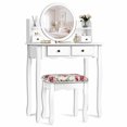 thumbnail image 7 of Makeup Vanity Set with 360° Pivoted Round Mirror & Stool, Vintage Vanity Table and Cushioned Stool Set, Wood Dressing Table for Bedroom，White, 7 of 7