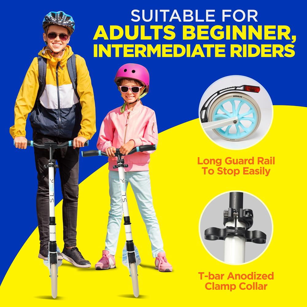 SereneLife 2-Wheel Folding Kick Scooter - Compact Foldable Riding Scooter for Teens w/ Adjustable Height, Alloy Anti-Slip Deck, 9” Wheels, Mud Guard Front Wheel, For Kids Boys/Girls 12+Yrs Old (Black)