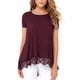thumbnail image 3 of Qarigey Camiseta de mujer Color sólido Suelta Top básico Encaje Dobladillo hueco Manga corta Blusa de cuello Prendas para la parte del cuerpo Vino rojo XXL, 3 of 6