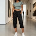 thumbnail image 5 of Womens Straight Leg Capri Cargo Pants High Waisted Button Closure Cropped Trousers with Pockets Casual Work Hiking Pants Black, 5 of 7