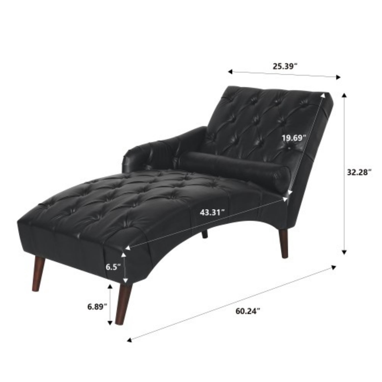 Chaise Lounge Chair with Pillow, Upholstered PU Leather Accent Chair with Tufted Back, Solid Wood Legs & Armrest, Indoor Reading Chaise for Living Room, Bedroom & Office, Black