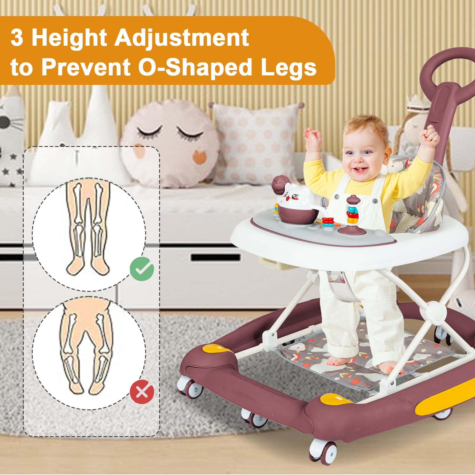 Activity Baby Walker for Girls and Boys, 5-in-1 Baby Walker with Music Toys, Height Adjustable, Red