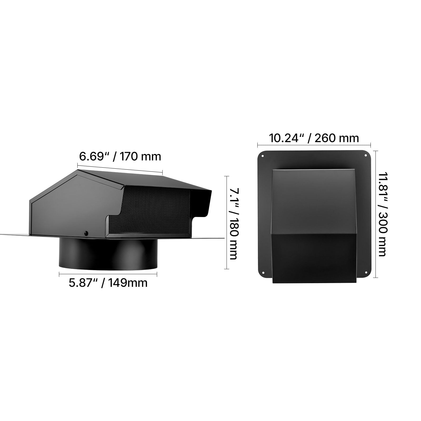VEVOR 6 inch Hooded Wall Vent Cover, Square AC Vent Gable Cover, Premium SPCC Steel & with Built-in a Protection Screen, for Roofs,Walls,Outside Duct Exhaust Outlets (1 Pack, Black)