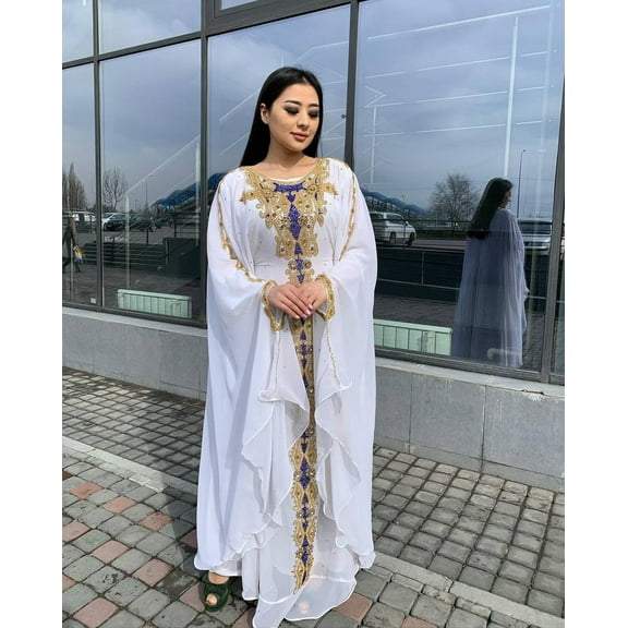 WHITE ZARI STONE WORK GEORGETTE ISLAMIC STYLE BEADS EMBEDDED PARTYWEAR KAFTAN LONG GOWN EVENING WEAR DUBAI KAFTAN