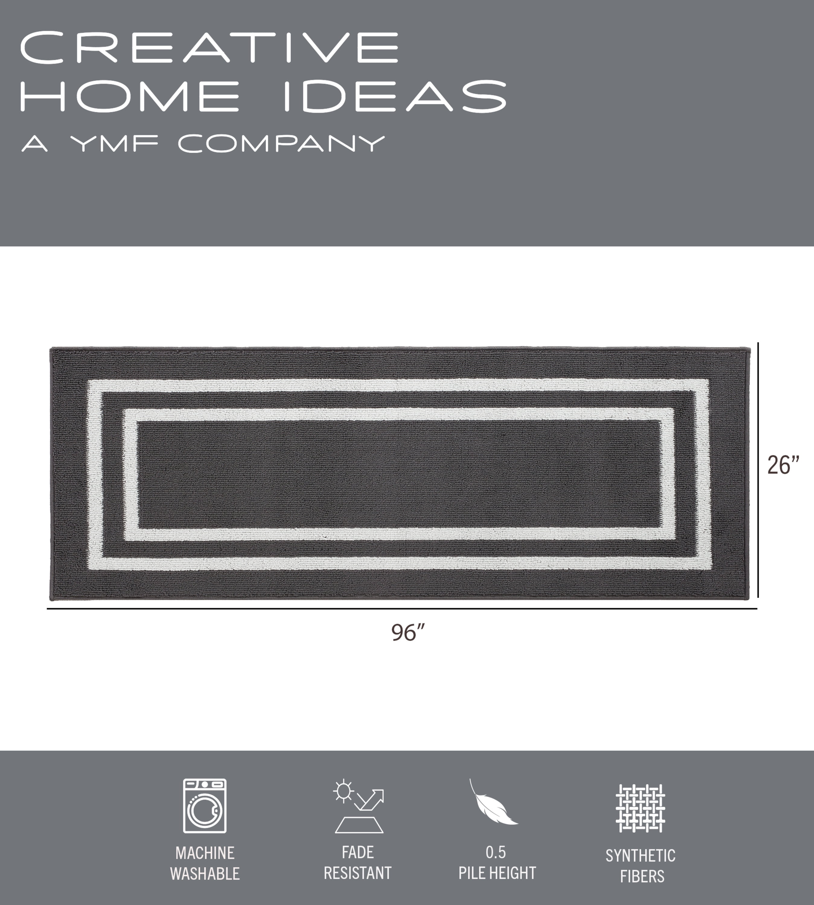 Washable Skid-Resistant Runner Rug, Border, Dark Grey and White, 26" x 96"
