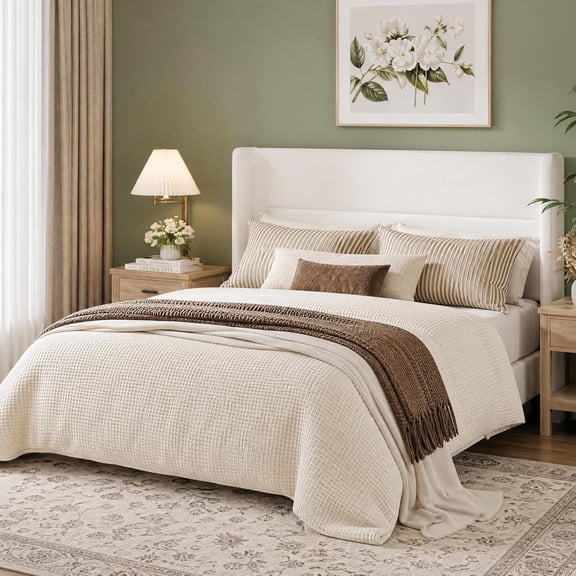 Garvee Queen Size Bed Frame with Wingback Headboard, White | Velvet Upholstered Platform Bedframe with Wood Slats, No Box Spring Needed, Easy Assembly