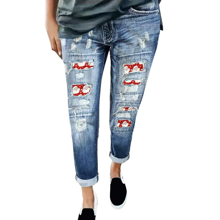 Casual Patchwork Ripped Patch Mid Waist Regular Denim Jeans Casual Patchwork Ripped Patch Mid Waist Regular Denim Jeans