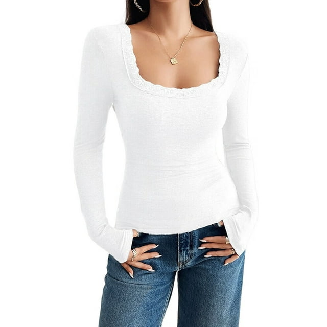 Womens Long Sleeve Shirts Square Neck Ribbed Knit Crop Tops Fall Outfits Fashion Clothes White M