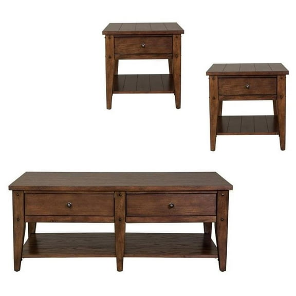 3 Piece Coffee Table and Set of 2 End Table in Oak
