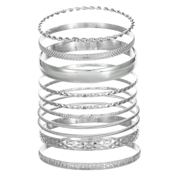 Time and Tru Women's Silver Tone Bangle Bracelet Set, 10-Piece