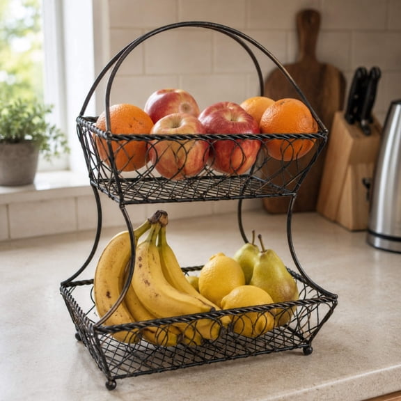 2-tier Fruit Basket Bowl,Metal Basket with Wooden Base,Fruit and Vegetable Storage with Banana Hanger,Fruit Basket for Kitchen Counter Organizer.
