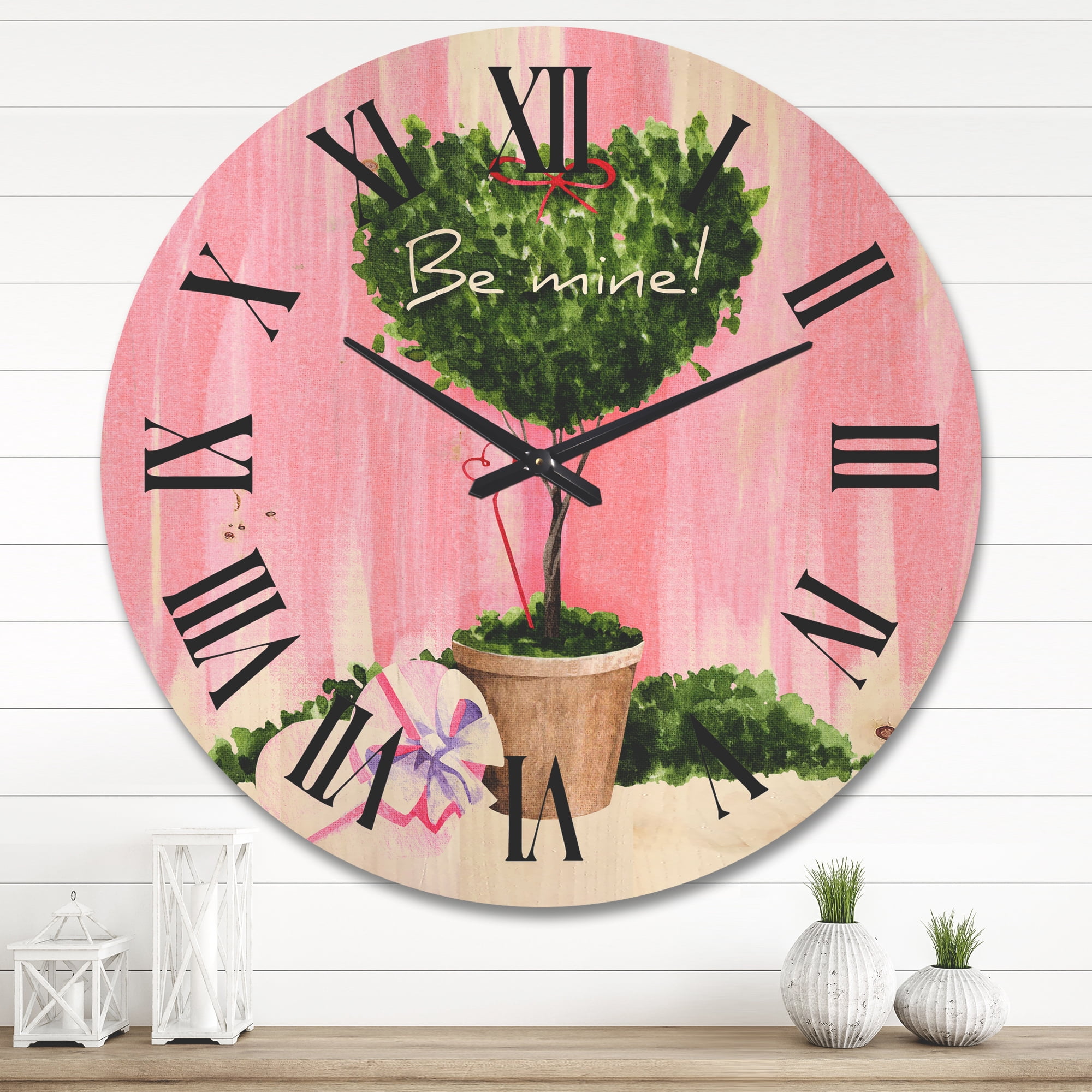 Designart 'Be Mine Heart Shaped Valentine House Plant' Farmhouse Wood Wall Clock