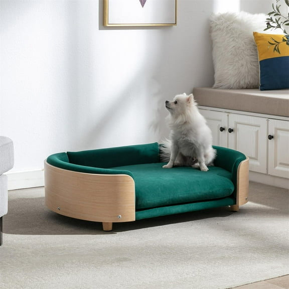 Pefilos 38" Pet Sofa Dog Bed for Medium Dogs with Wood Legs and Bent Back, Cat Sofa Bed for Indoor Cats, Pet Snuggle Couch Furniture, Green