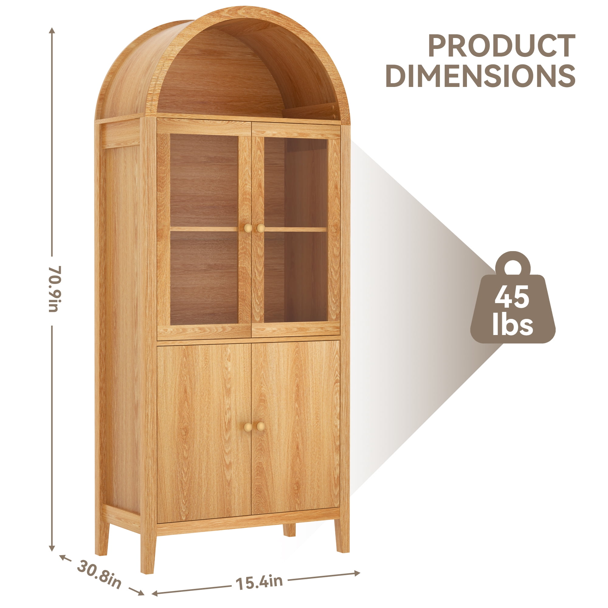 Eunon Tall Arched Pantry Storage Display Cabinet,Arched Storage Cabinet With Doors Retro Oak
