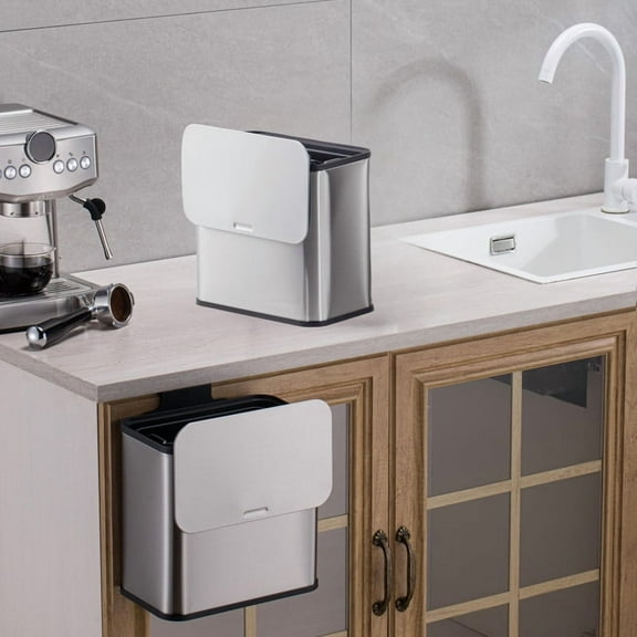 Towallmark 1.3 Gal Hanging Trash Can with Lid, Stainless Steel Kitchen Compost Bin with Inner Bucket and Charcoal Filter for Countertop or Under Sink, Wall Mounted Waste Bin for Cupboard/Bathroom