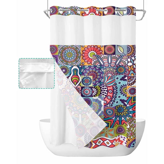 No Hook Shower Curtain with Snap in Liner, Ethnic Style Egyptian Abstract Pattern Hotel Shower Curtains for Bathroom, Washable Shower Curtain Liner Set with Mesh Top Window, 54"x78"