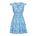 thumbnail image 4 of Robe Boho pour Femmes Col en V O-Ring Imprimé Floral Volant Mini Robe Taille Smockée Été Ligne A Swing Plage Robe d'Été, 4 of 7