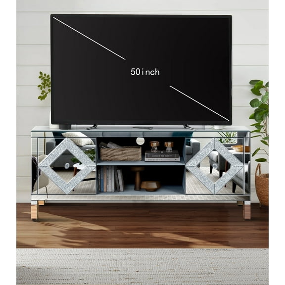 47-Inch Mirror TV Media Console with Diamond Glass Doors, Dual Storage Design & Open Shelving for 50-Inch TVs, Modern Living Room & Bedroom Entertainment Center