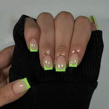 Neon Green French Tip Press on Nails Short Square Natural Fake Nails For Women Nude Glue on Nails Short Nails Press on Gel Nails Set Reusable Acrylic False Nails For Girls in 24 PCS
