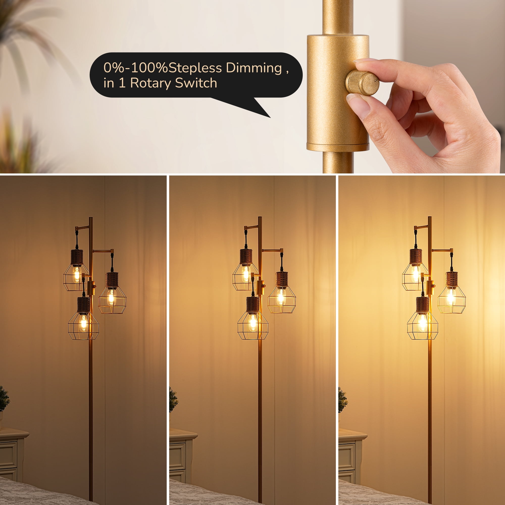 EDISHINE 64.7inch Industrial Gold Floor Lamps for Living Room Clearance, Dimmable, Metal Tree Standing Lamps for Bedroom, Office, LED Light Bulbs Included, Gold