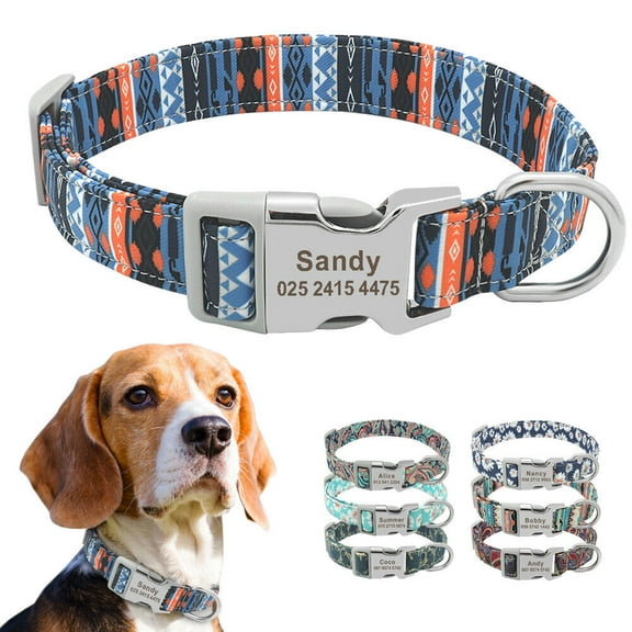 Beirui Personalised Dog Collar Nylon Flower Stripes Engraved Name for Small Large Breeds Adjustable