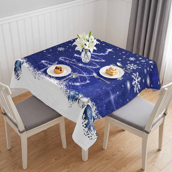 Navy Blue Christmas Table Cloth Waterproof Tablecloths, Xmas Tree Snowflake Winter Abstract Tablecloth Dining Table Cover for Kitchen Party Tabletop Outdoor, Square Tablecloth 60x60 Inch