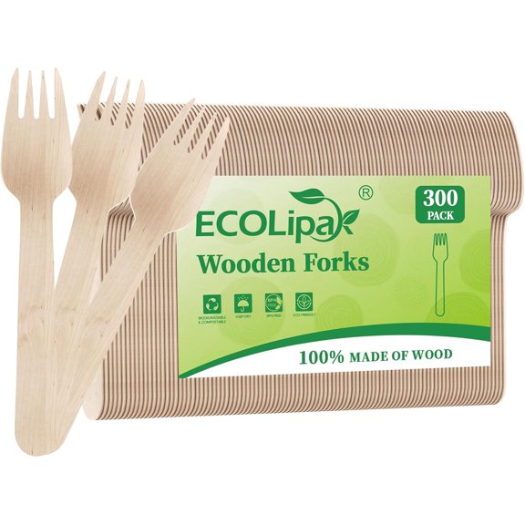 300 Count Wooden Forks Disposable, Wooden Disposable Compostable Forks for Eating, Party, Camping, Traveling, Family Dinners