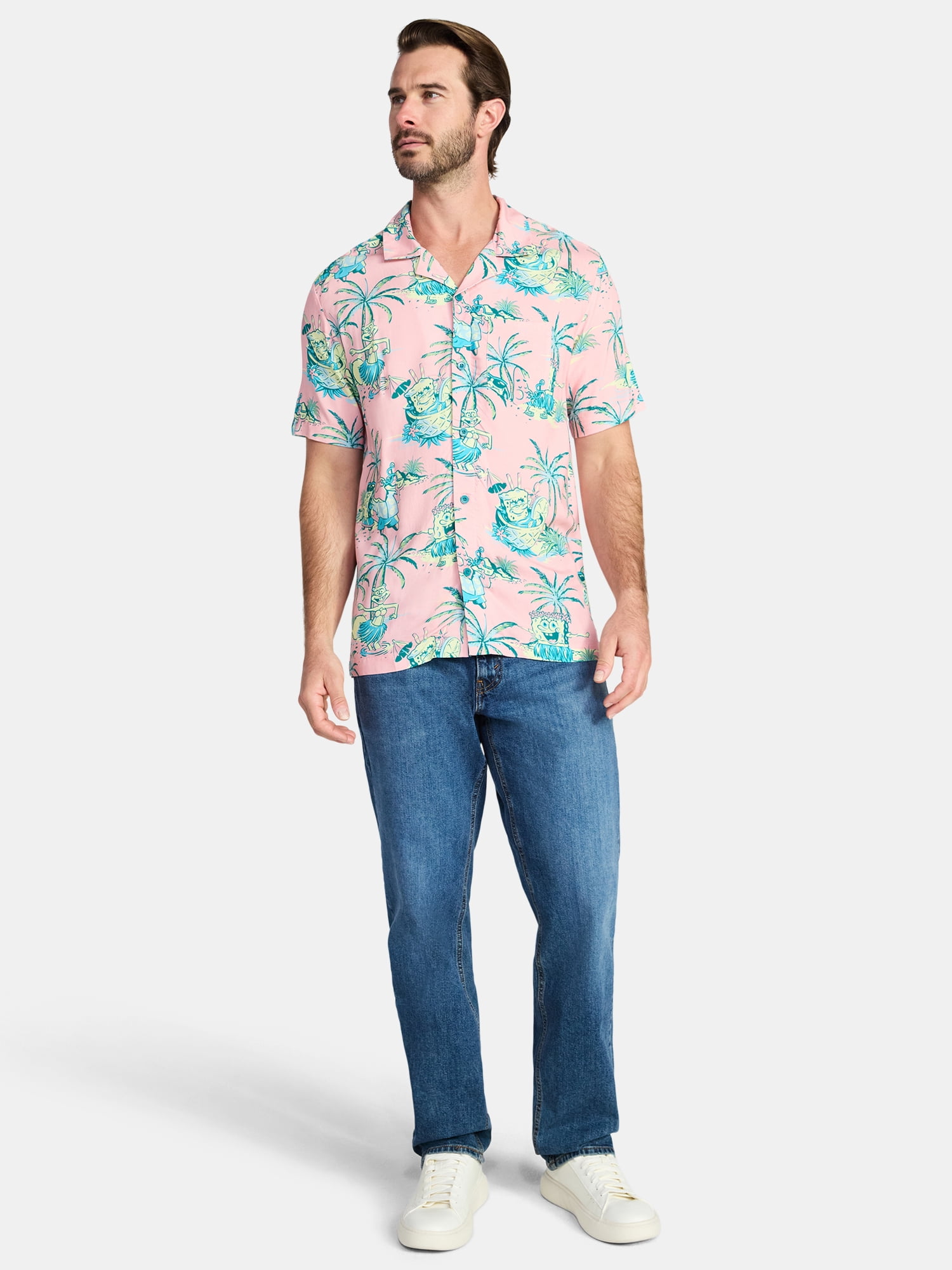 SpongeBob SquarePants Men's and Big Men's Graphic Button-Up Shirt, Sizes XS-5XL