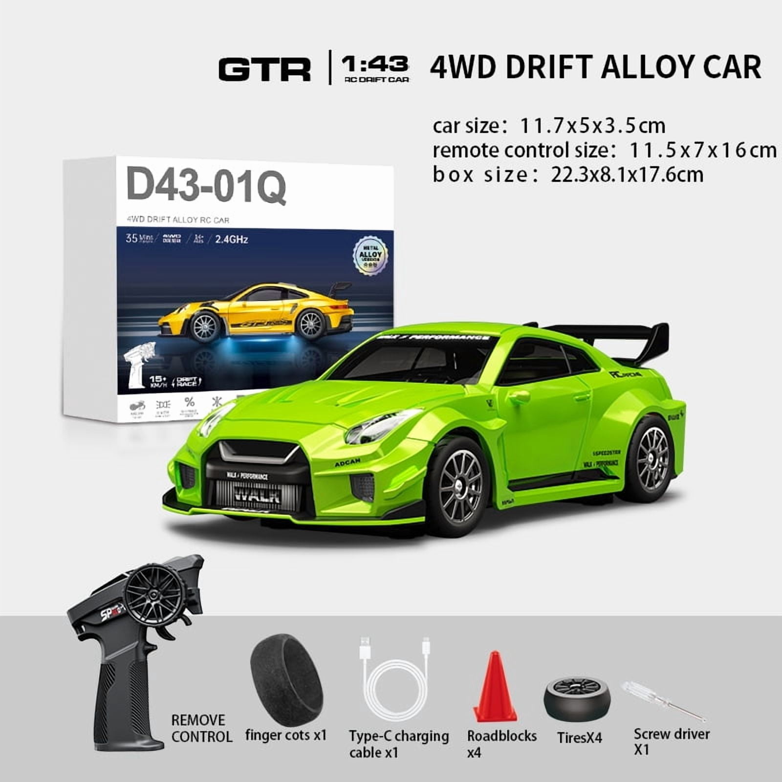 1/43 Scale Alloy RC Drift Car 4WD 2.4G Full Proportional Remote Control Racing Vehicle With Gyro & LED Lights Adjustable Speed Desktop Model For Adults Hobbyists - Q3/Apple Green / D43-02