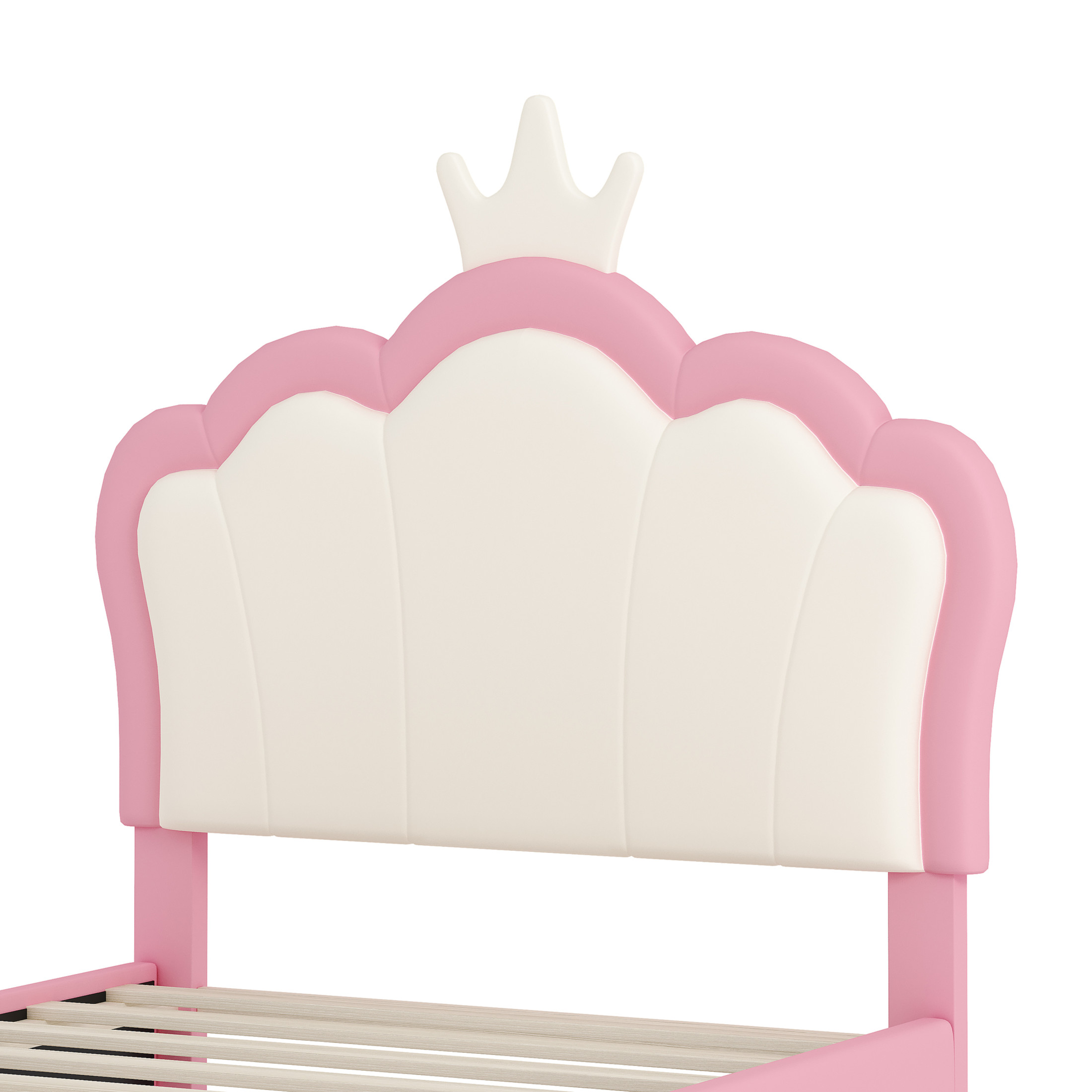 Noble House Twin Size Upholstered Princess Bed with Crown Headboard, Fairy-Tale Platform Bed, Cream + Pink