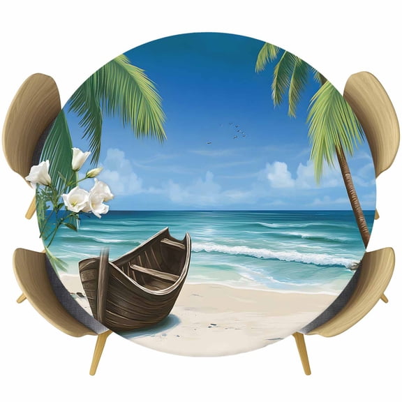 Ocean Beach Round Tablecloth 45-54 Inch Round Fitted Table Cloth with Elastic Edge, Blue Coastal Palm Tree Nautical Sailboat Waterproof Table Cover Protector for Outdoor Picnic Party Dining