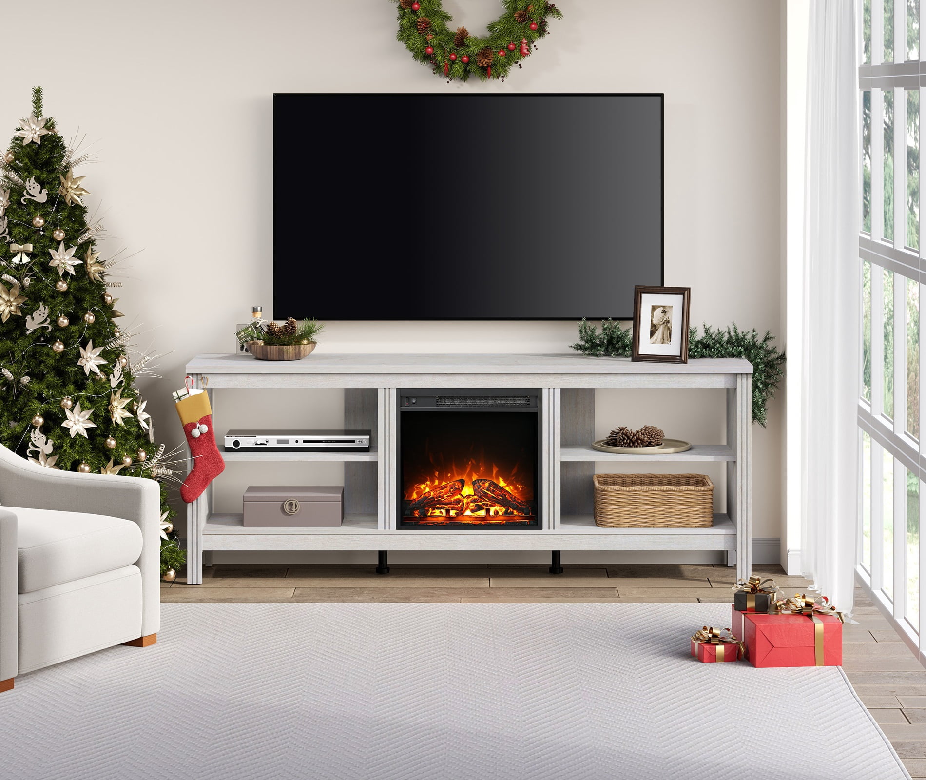 Farmhouse TV Stand for 75 inch TV,Black Entertainment Center with 6 Storage Cabinets for Living Room,Bedroom
