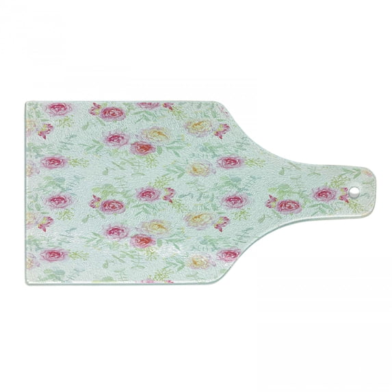 Watercolor Flower Cutting Board, Soft Colored Roses Vintage Old Style Retro Painting Spring Garden, Tempered Glass Cutting and Serving Board, Wine Bottle Shape, White Pink Green, by Ambesonne