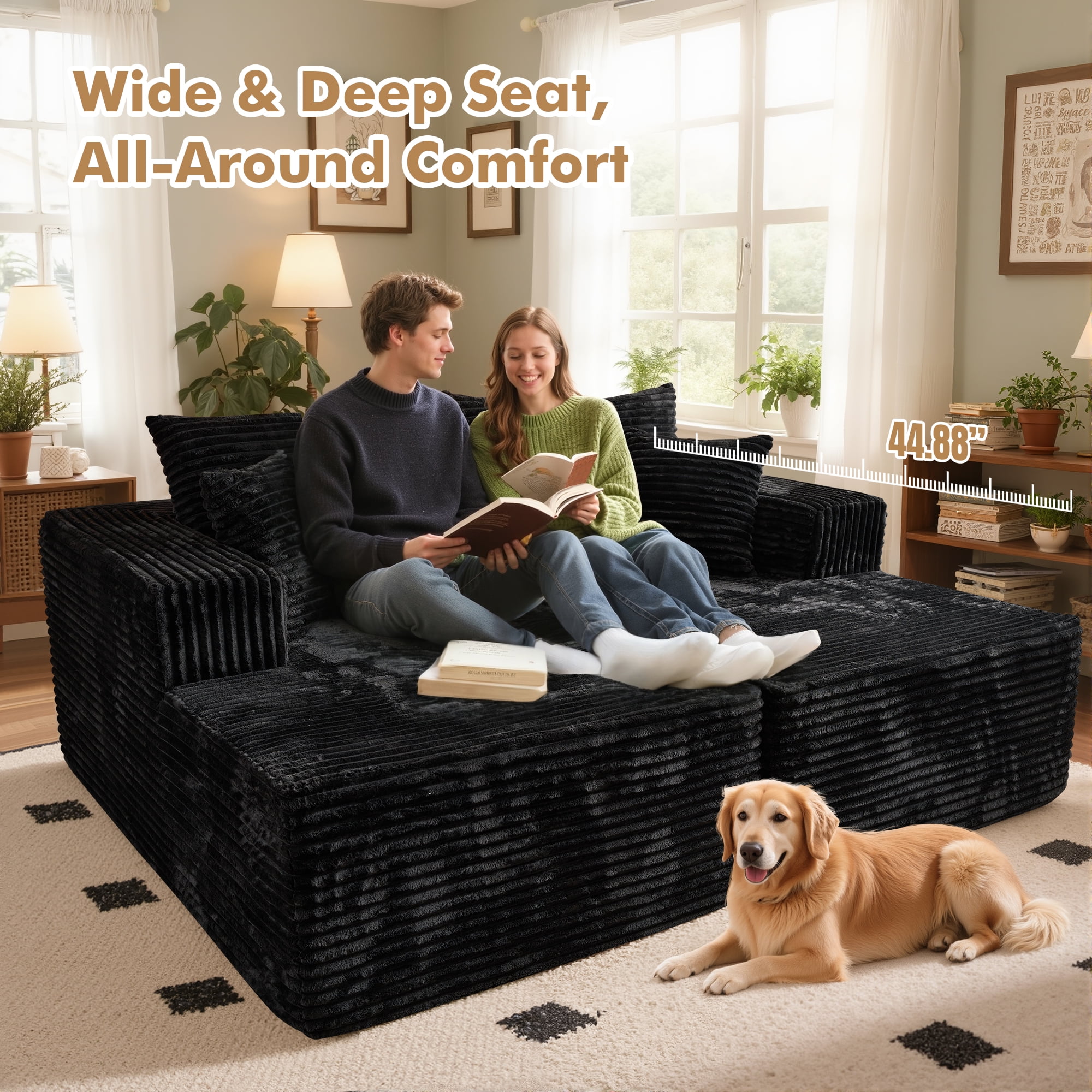 XIZZI Oversized Chaise Lounge Chair Indoor Double, Modular Sectional Sofa with Plush Corduroy, Sleeper Sofa Boneless Couch for Living Room Bedroom, No Assembly Required, Black