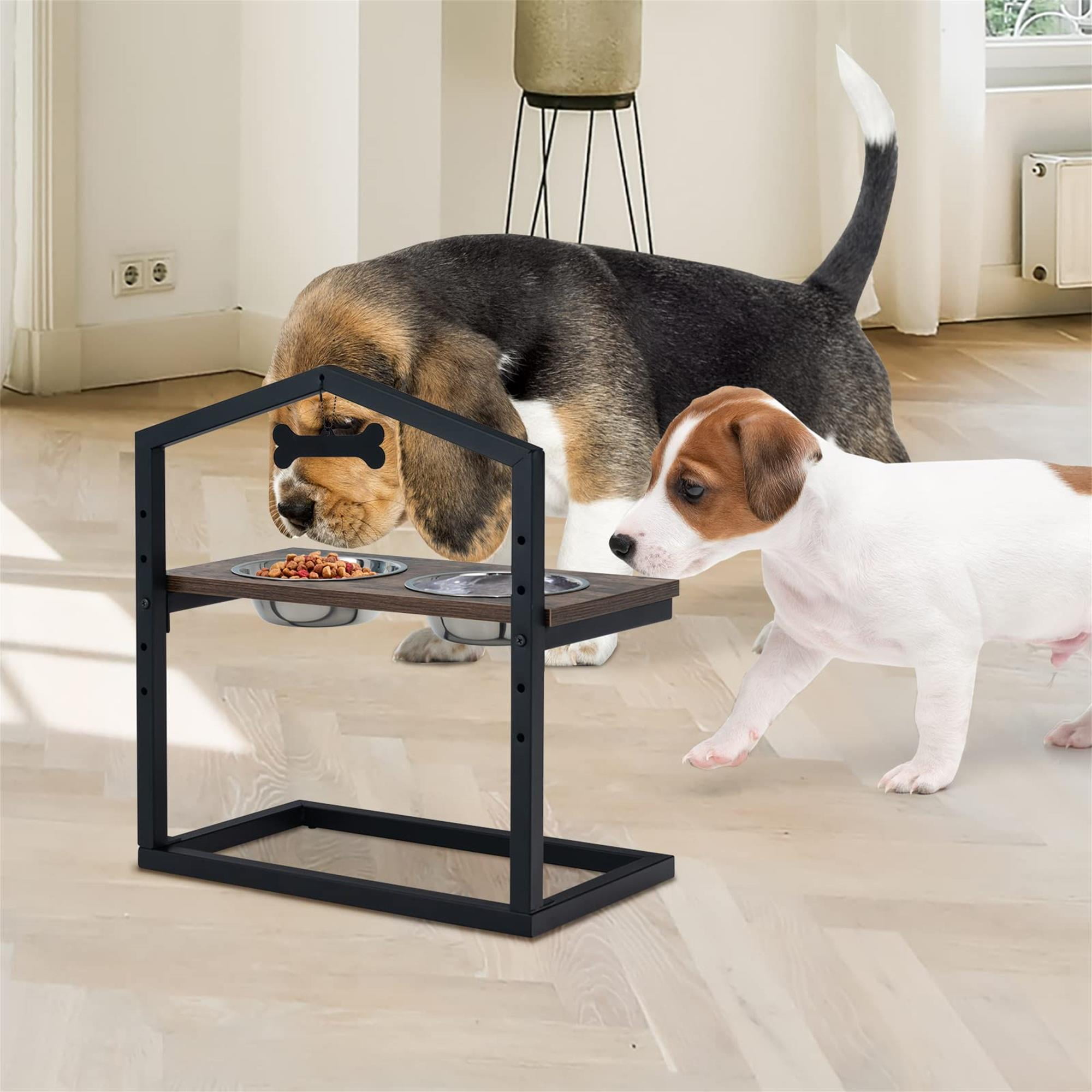 Kadyn 9"-17" Elevated Pet Feeder with 2 Stainless Steel Dog Bowl, Pet Food Bowls for Feeding Small Medium Dogs Cats Puppies, Brown