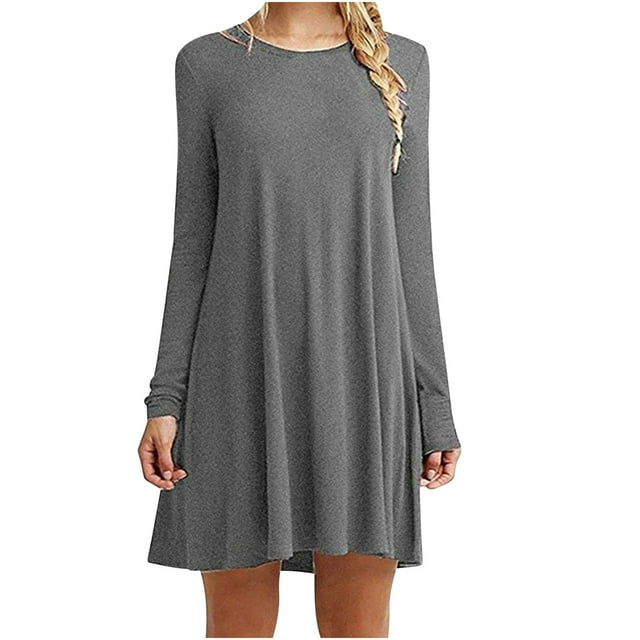 Robe à Manches Longues pour Femmes Mode Féminine Décontractée à Manches Longues Unie à Col Rond Robe Mini Ample pour Dames